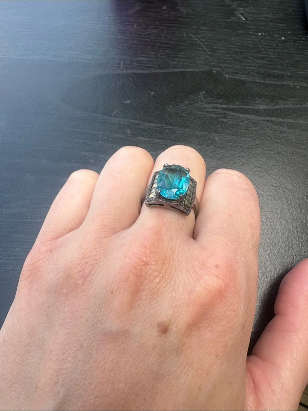 Sterling Silver Statement Ring with Blue Gemstone - Size 7.5
